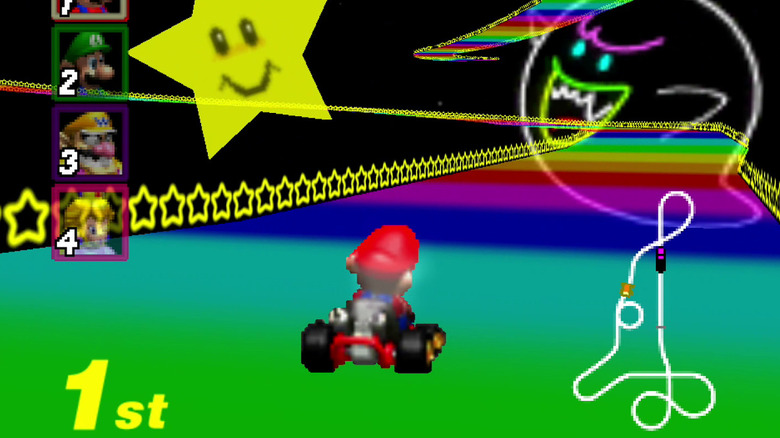 Mario a Rainbow Roadon vezet a Mario Kart 64-ben