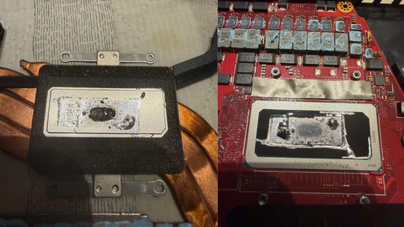 Korrodált Zephyrus M16 folyékony fémmaradvány látható a laptop CPU hűtőbordáján és a fedelén