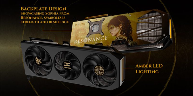 A PowerColor Resonance RX 9070 XT megkapja a Plague Tale Artwork 2-t PowerColor Resonance RX 9070 XT grafikus kártya arany Plague Tale Legacy hátlap grafikával