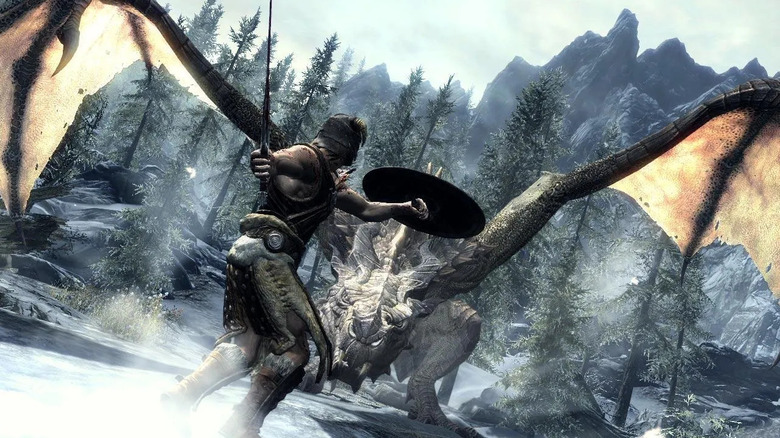A játékos karakter megtámad egy sárkányt a The Elder Scrolls V: Skyrimben