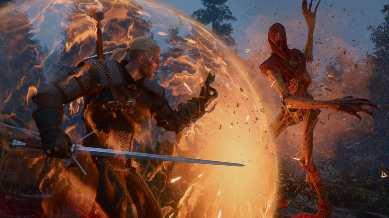 Riviai Geralt egy erőtérrel védi magát The Witcher III: Wild Hunt