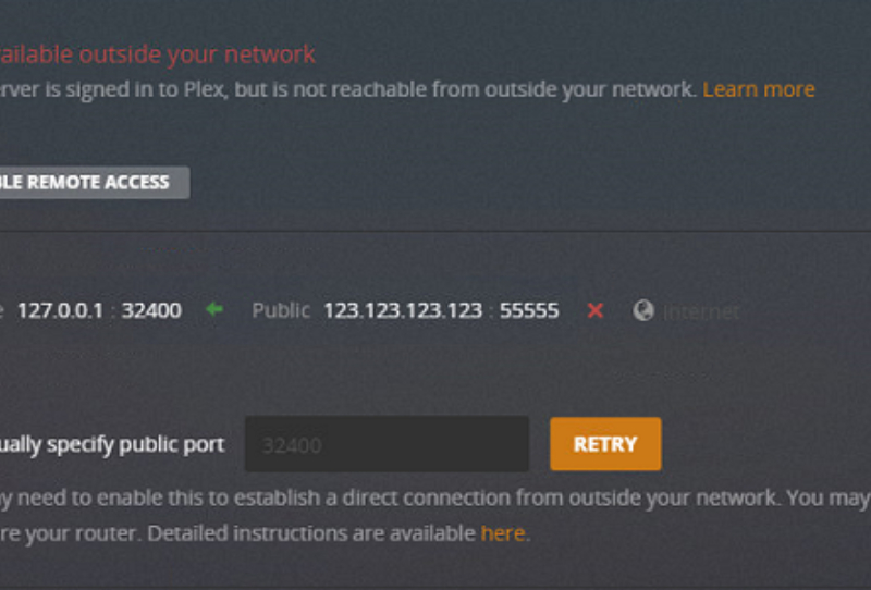 Plex remote access settings screen shown on a laptop with a home network diagram