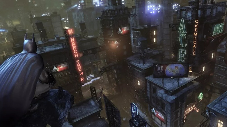 Batman éjszaka a városképre néz a Batman: Arkham Cityben