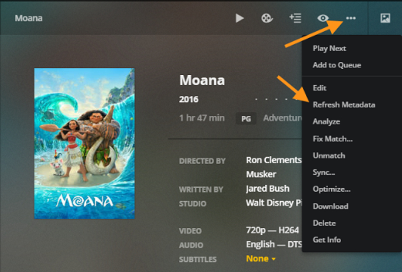 Plex media server library screen showing the refresh and scan options in the menu