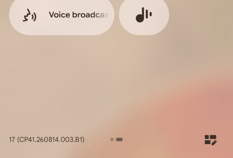 Pixel phone showing the Voice Broadcast Quick Settings tile used to stream Auracast audio