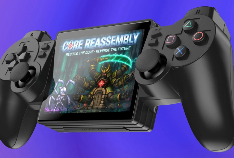 Yoniq Portal handheld shaped like a PS2 DualShock controller with a screen built into the body