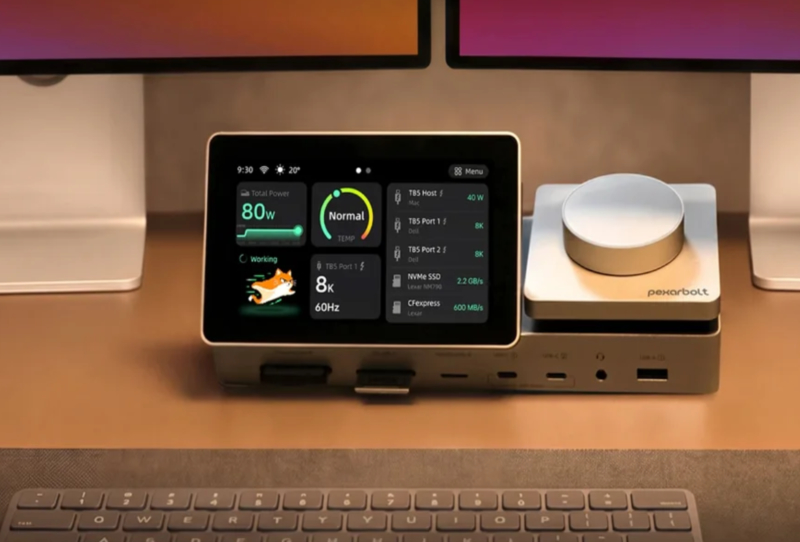Lexar PexarBolt Ultra TBT5 Dock showing its touchscreen and rotary dial on a desk
