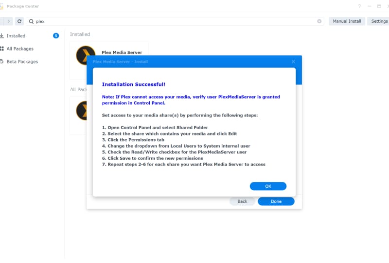 Plex Media Server interface running on a Synology NAS device