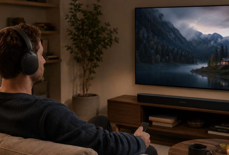 Sonos Beam Ultra soundbar and Ace Ultra headphones shown together against a plain background