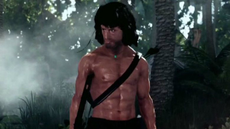 Egy rosszul renderelt John Rambo a dzsungelben áll a Rambo: The Video Game-ben