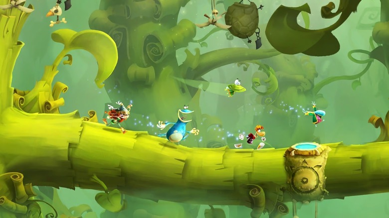 Rayman elvezeti Globoxot és Barbarát egy faágon a Rayman Legendsben