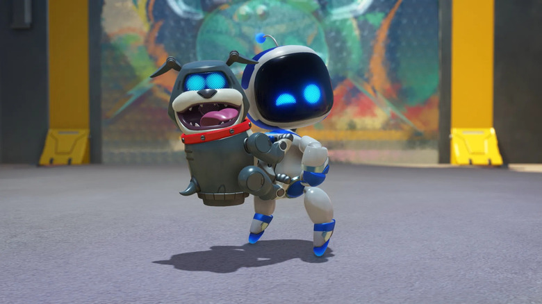 Astro Bot mosolyog egy kutyával a hátán az Astro Botban