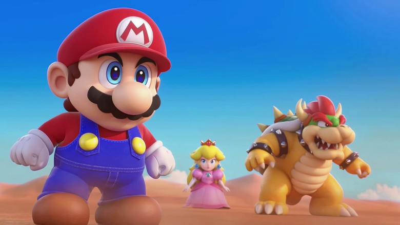 Mario, Peach és Bowser egy sivatagban állnak a Super Mario RPG játékban