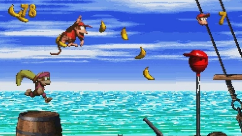 Diddy Kong és Dixie Kong a levegőben ugrálva banánt gyűjtenek a Donkey Kong Country 2: Diddy's Kong Questben