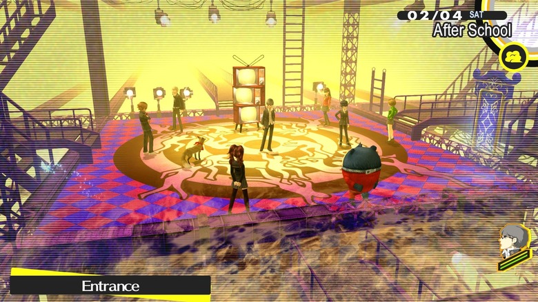 A Persona 4 Golden TV-világ bejáratánál álló karakterek