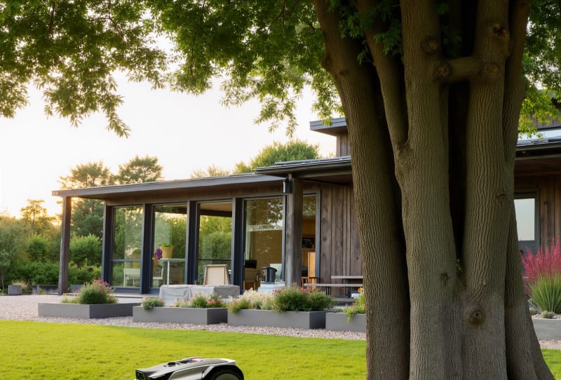 Roborock RockNeo Q2 LiDAR robotic lawn mower cutting grass in a garden