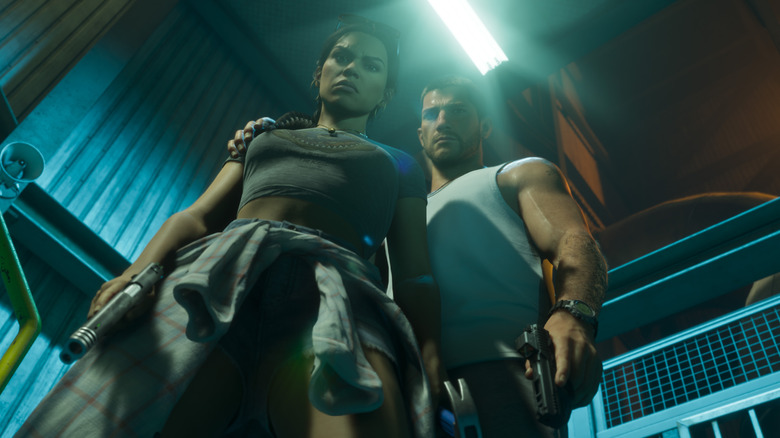 Lucia és Jason lenéznek a kamerába a Grand Theft Auto 6-ban