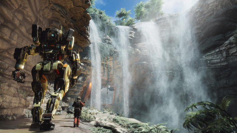 Egy katona és a Titán együtt sétálnak a vízesések felé a Titanfall 2-ben