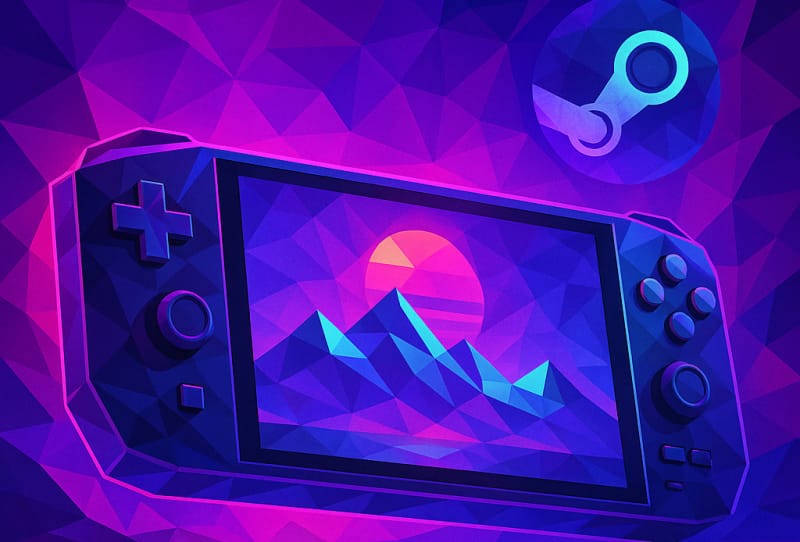 Steam Big Art Mode interface shown on a handheld gaming device with large game artwork on screen