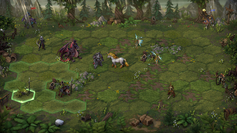 A játékoscsapat egy rács alapú térképhez közelít mitikus lényekkel a Heroes of Might and Magic: Olden Era játékban.