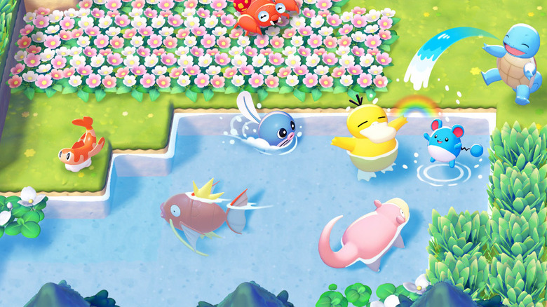Pokémonok játszanak a Pokémon Pokopia tavában és környékén