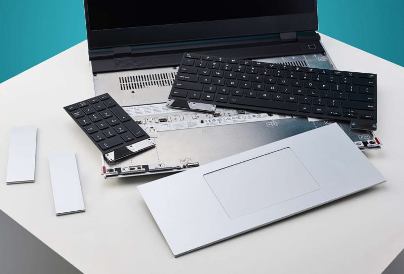 Framework One Key Module low-profile keyboard prototype on a Framework Laptop 16 chassis