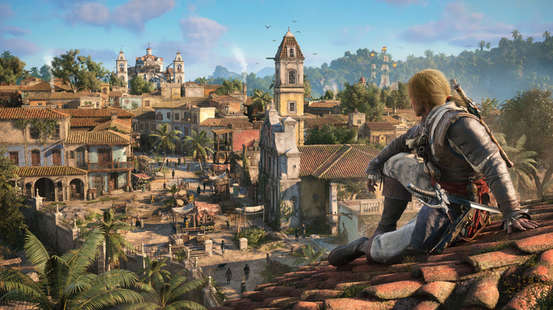 Edward Kenway felmér egy várost a tetőről az Assassin's Creed Black Flag Resynced játékban