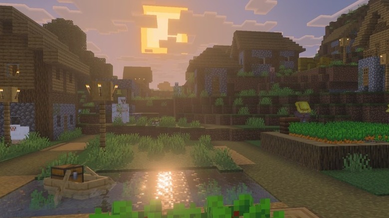 A nap lenyugszik a Minecraft egyik kisvárosában
