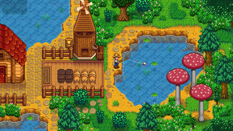A játékos karakter a Stardew Valley egyik tavánál horgászik