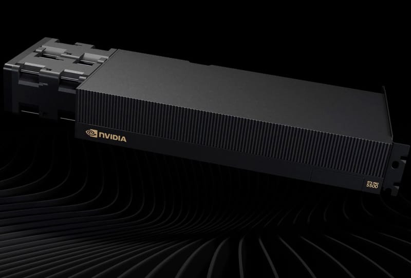 Nvidia RTX Pro 5500 workstation graphics card shown from above with cooling shroud visible