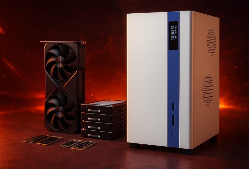 Morefine MNAS-X1 NAS chassis showing top-loading drive bays above the motherboard and GPU compartment