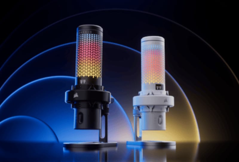 Corsair VOXARA microphone with RGB lighting sitting on a desktop boom arm