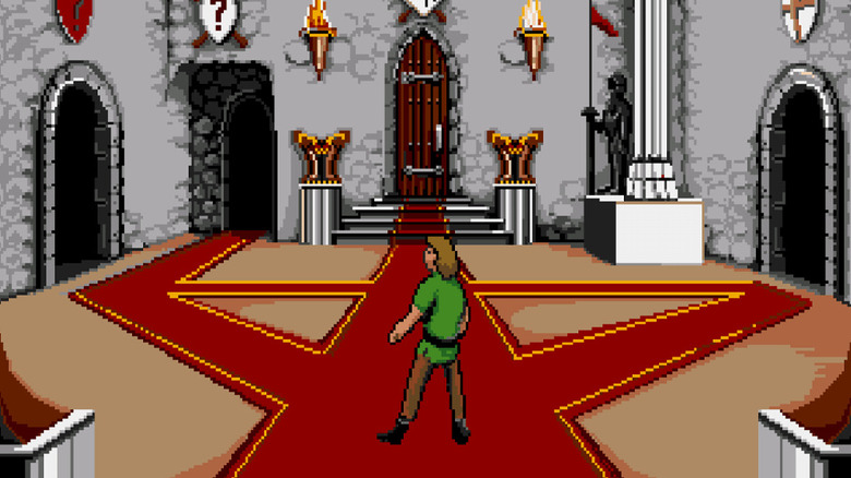 Duncan egy sor ajtóval néz szembe egy kastélyban a Dark Castle-ben