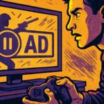 Illustration of a paused video game screen showing a Microsoft in-game ad patent advertisement overlay