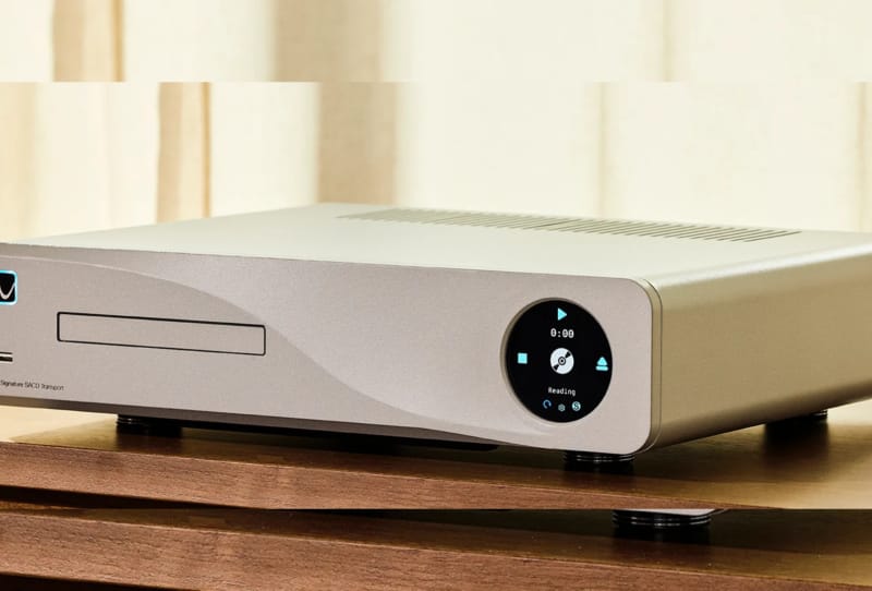 High-end CD players from PS Audio and Naim sitting on a hi-fi equipment rack