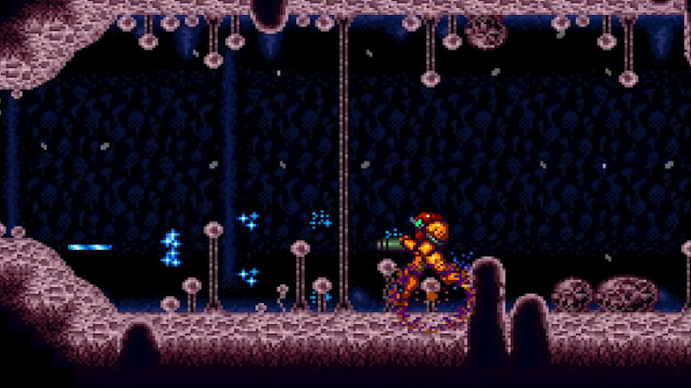 Samus Aran átfut egy barlangon a Super Metroidban