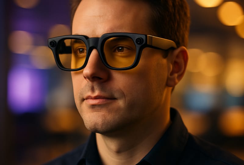 Snap Specs AR glasses displayed on a table, the augmented reality headset Snap is pitching to enterprise customers