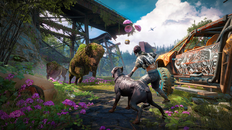 Mutált bölényroham a játékos játékos és kutyája ellen a Far Cry New Dawnban