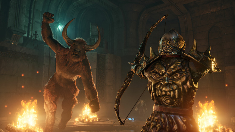 Egy Oblivion Remastered karakter íjjal és nyíllal lő egy minotauruszra