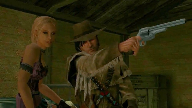 Cutscene képernyőkép a Gun by Neversofttól, amelyen a főszereplő revolverrel hadonászik