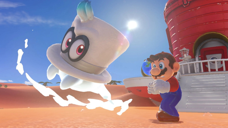 Mario egy kísérteties Cappyt bámul a Super Mario Odyssey-ben