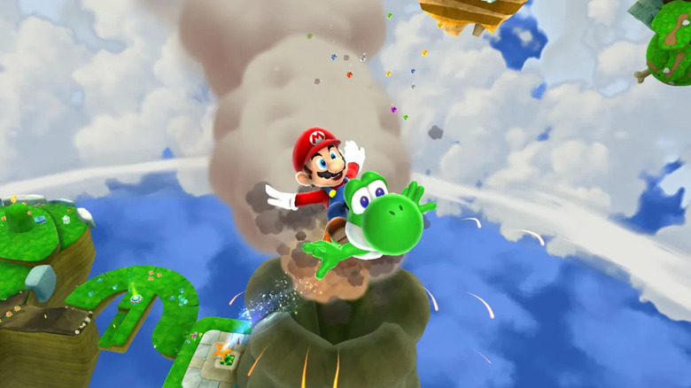Mario és Yoshi egy vulkán felett szárnyalnak a Super Mario Galaxy 2-ben