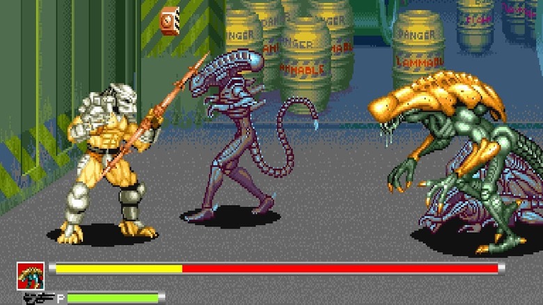 Egy ragadozó xenomorfok csoportjával néz szembe az Alien vs. Predator (1994) című filmben.