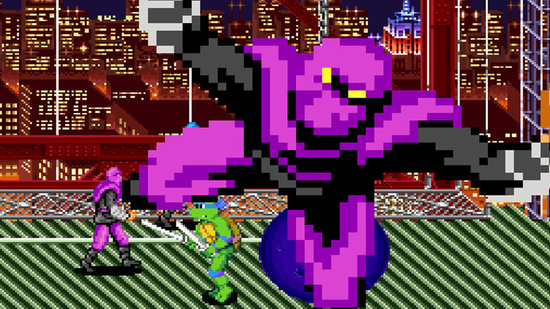 Leonardo egy gyalogos katonát dob ​​a képernyőre a Teenage Mutant Ninja Turtles: Turtles in Time című filmben