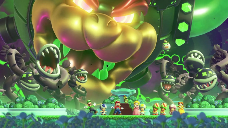 Bowser megfenyegeti Mariót és barátait a Super Mario Bros. Wonderben