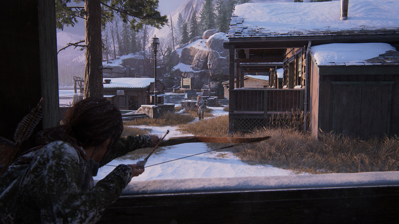 Ellie íjjal és nyíllal lő egy zombira a The Last of Us-ban