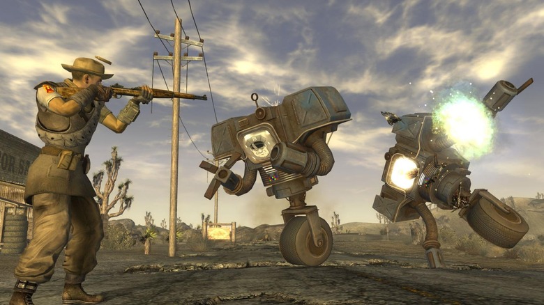 A Fallout: New Vegas tüzet gyújt két robotra az utcán