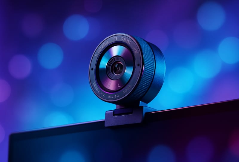Razer Kiyo V2 Pro webcam mounted on a monitor showing its wide-angle lens and privacy shutter