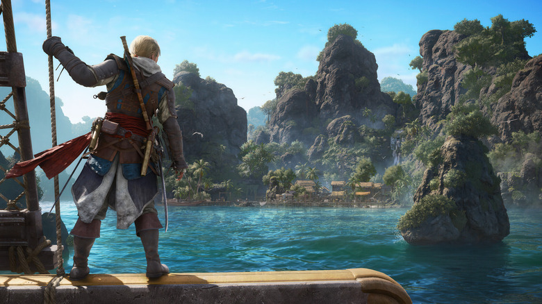 Edward Kenway felmér egy karibi kikötőt, miközben a hajójáról közeledik az Assassin's Creed Black Flag Resyncedben