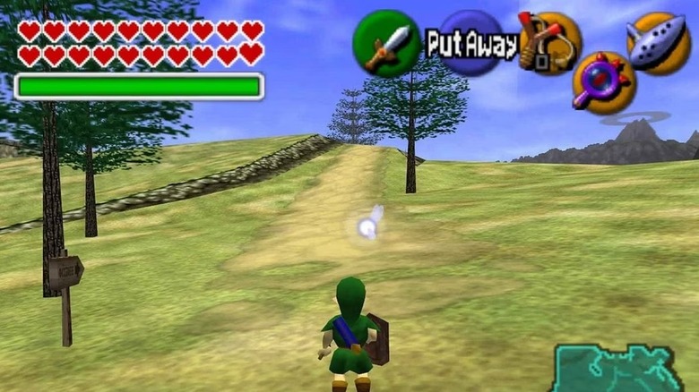 Link Hyrule Fielddel néz szembe a The Legend of Zelda: Ocarina of Time-ban